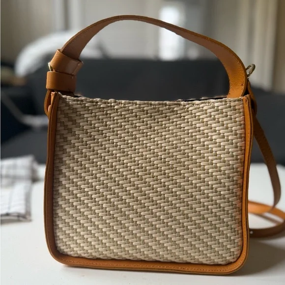 LIKE NEW Women’s Anna Paola Leather and Rattan Crossbody Bag - cognac and beige - Picture 4 of 7